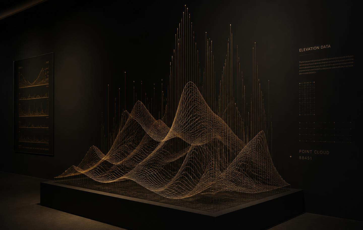 Abstract data sculpture in dark charcoal and amber